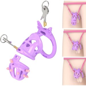 Alternate view of the violet modular resin chastity cage and base rings